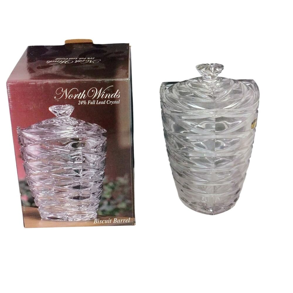 North Winds Clear Etched 24% Lead Crystal Biscuit Barrel Cookie Jar Candy Dish